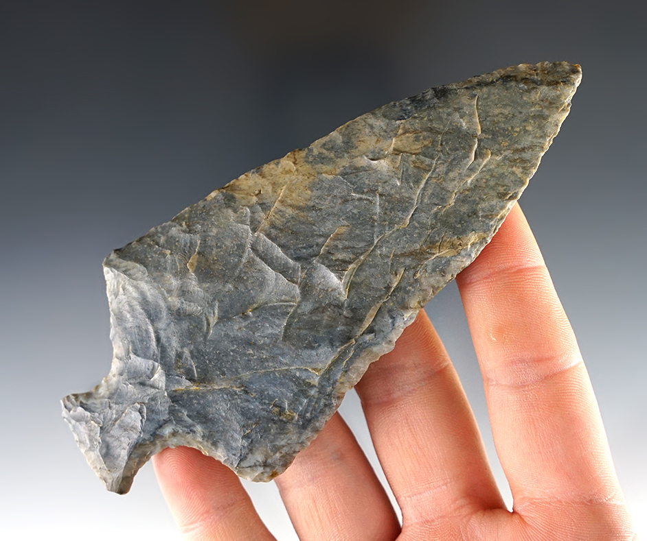 4 3/4" Ashtabula Point made of gray and blue Coshocton. Found in Cuyahoga Co., Ohio.