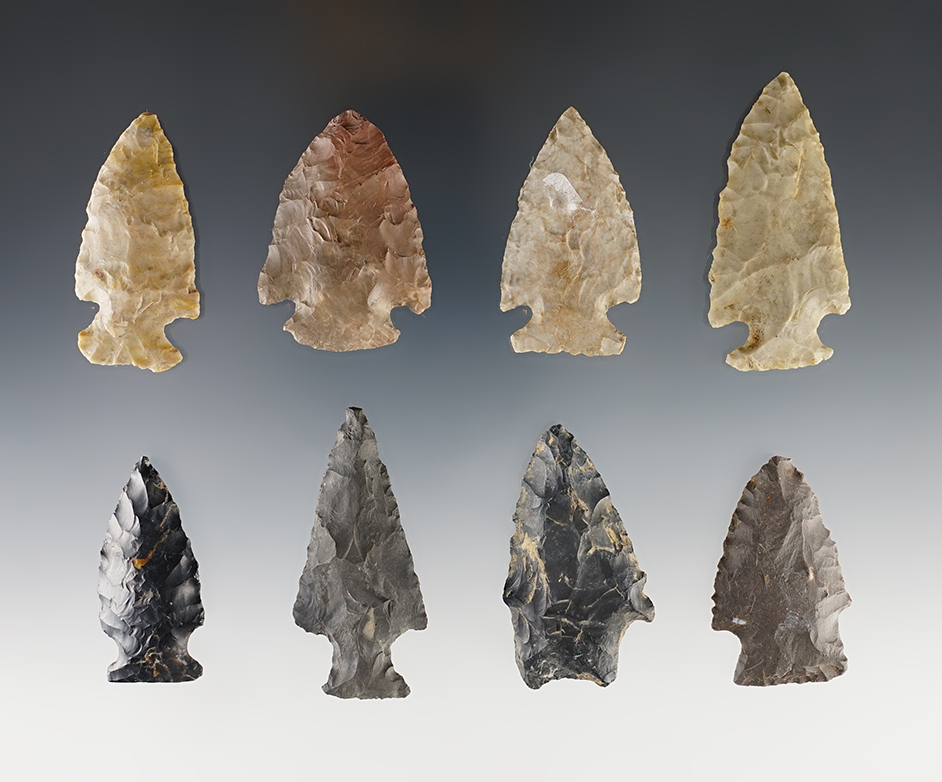 Group of eight assorted Ohio/Kentucky arrowheads. Largest is 2 1/4". All are in nice condition.