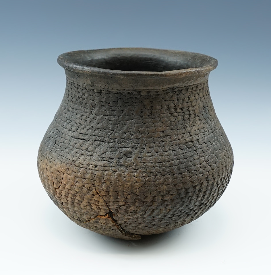 4 3/4" tall by 5 1/2" wide Corrugated ancient Southwestern Pottery Vessel.