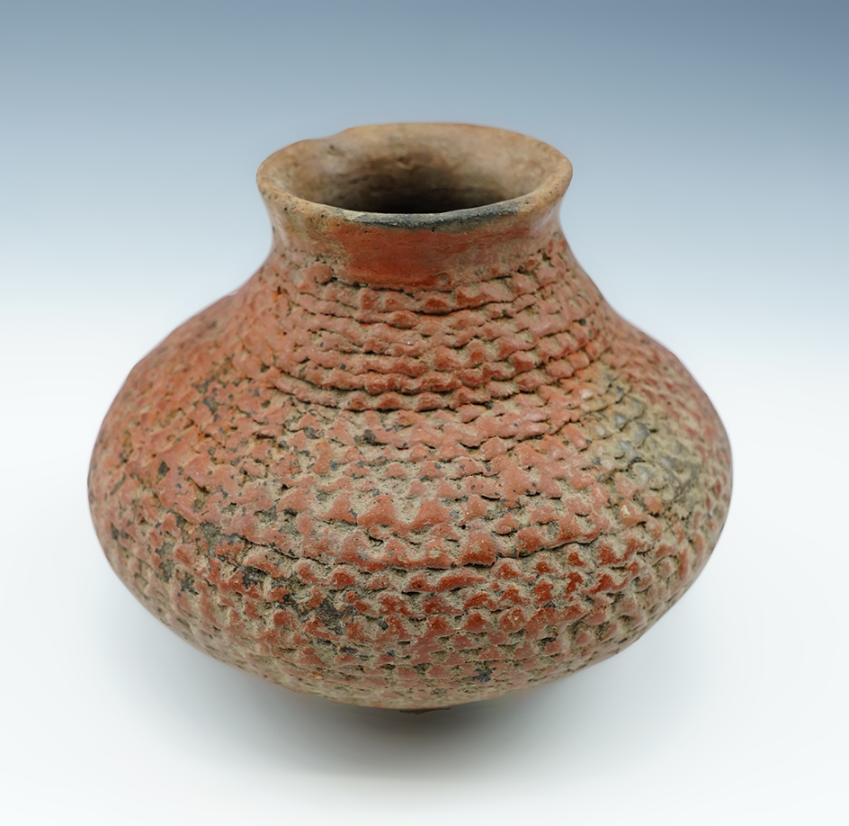 3 1/4" tall by 4" wide Corrugated Southwestern ancient Pottery Vessel.