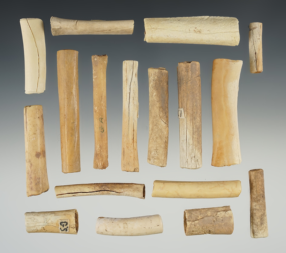 Set of 17 Bone Tube Beads found in New Mexico. Largest is 2 5/8".