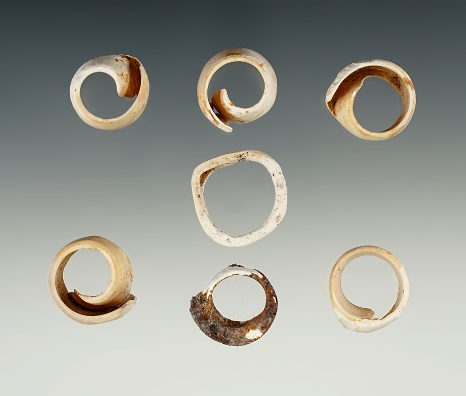 Set of 7 rare Shell Ring Beads found in New Mexico. Largest is 7/8".