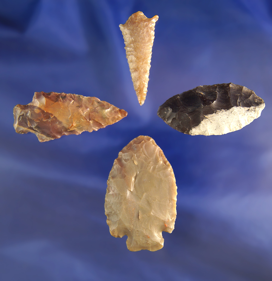 Set of four assorted Columbia River flaked artifacts, largest is 2 1/8" found in Klickitat County WA