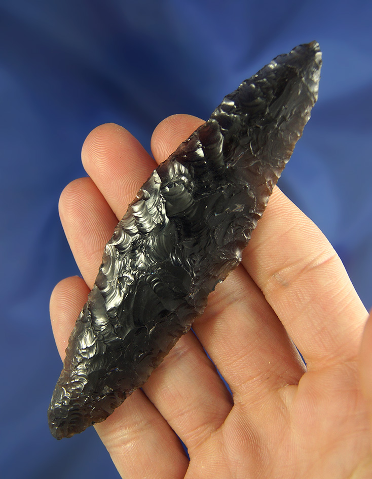 4 1/4" Archaic Bi-Pointed Knife - translucent patinated Obsidian - Lake County, Oregon.  Stermer COA