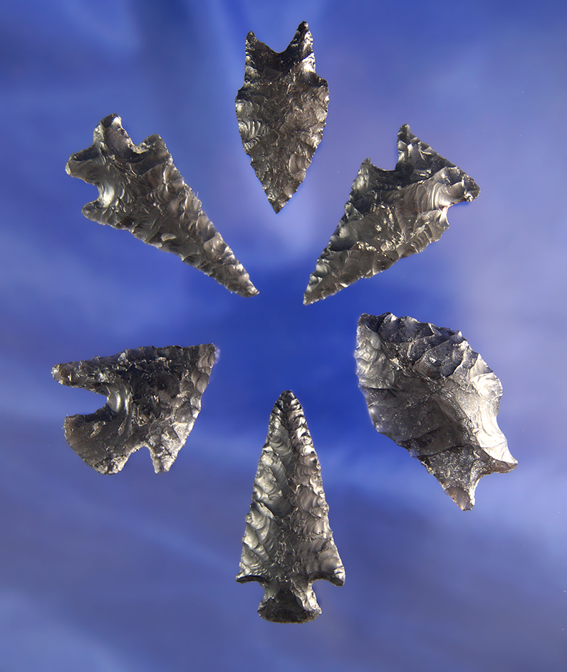 Set of six assorted Obsidian arrowheads found near Fort Rock Oregon, largest is 1 1/2".