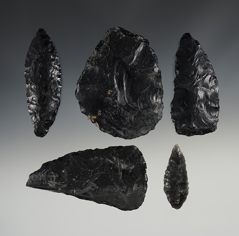 Set of 5 Oregon Knives made from Obsidian. The largest is 3 1/2".