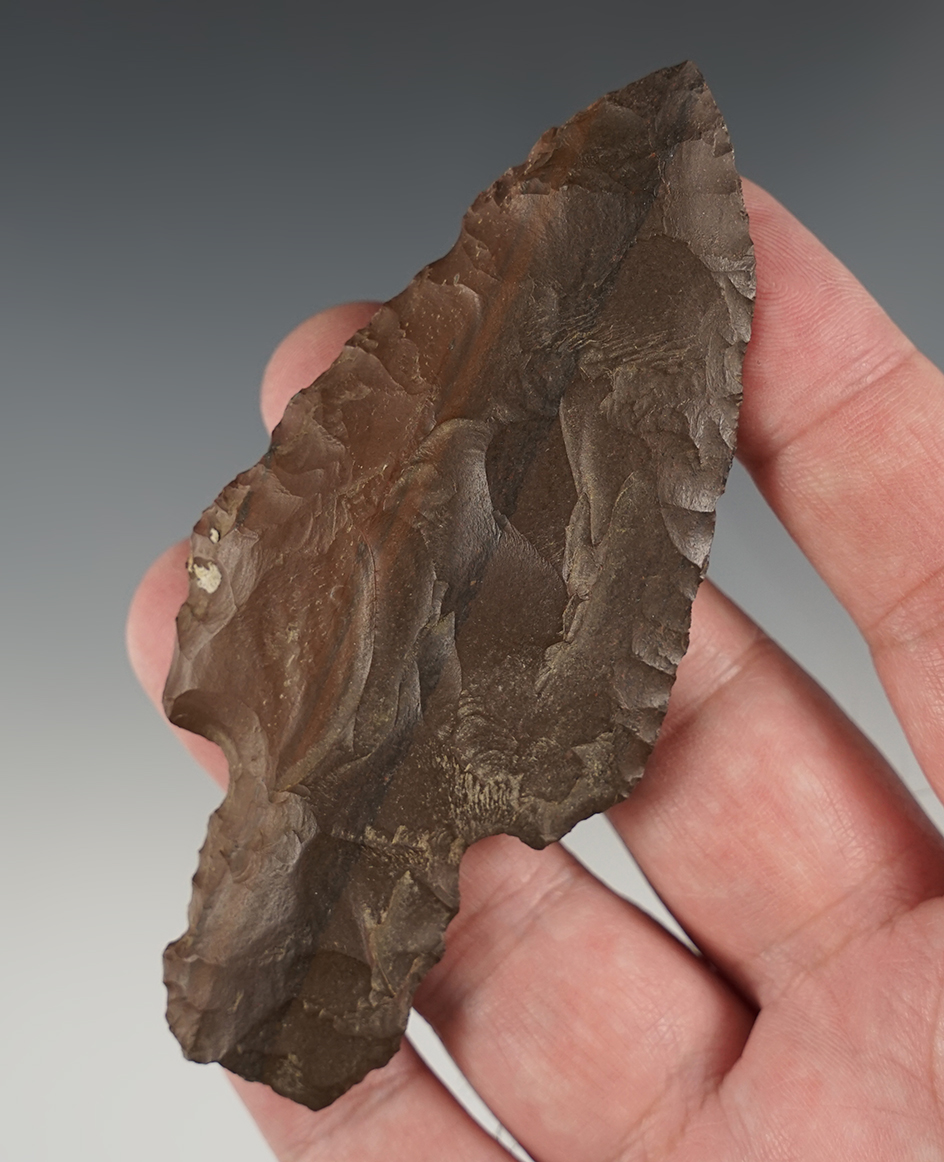 Large and well patinated 4 1/16" Stemmed Point found close to the Columbia River in Oregon.
