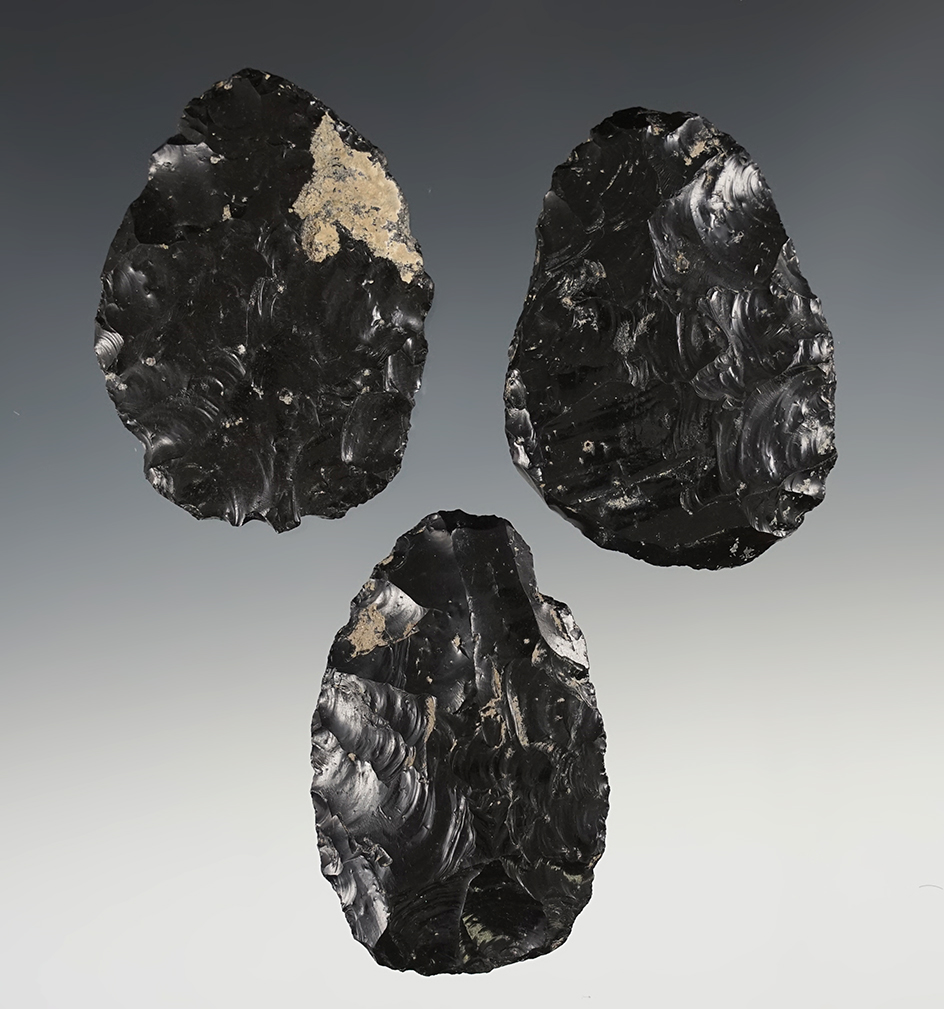 Set of 3 Oregon Blades made from Obsidian. The largest is 2 1/2".