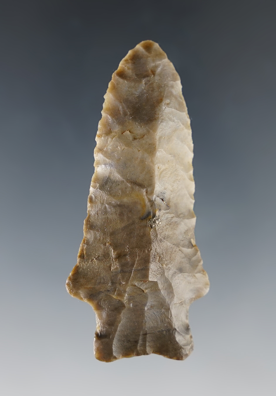 2 1/2" multi-colored Archaic Heavy Duty. Coshocton Gray Flint. Richland Co., Ohio.