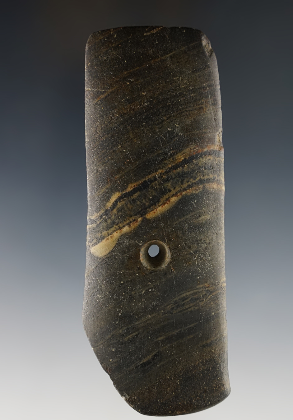 4 5/16" anciently salvaged Pendant made from nicely colored Banded Slate. Hardin Co., Ohio.