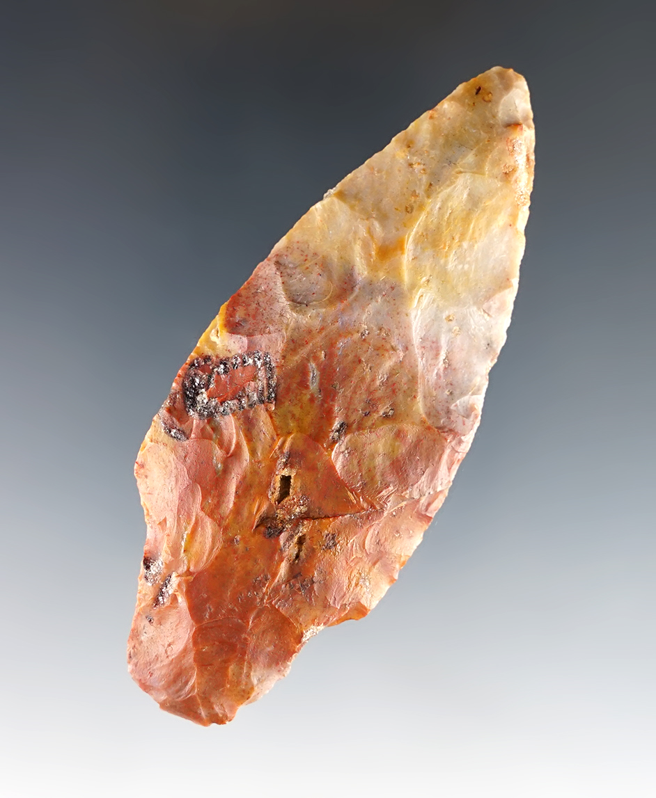 3 7/16" Adena made from highly colorful Flint Ridge Flint. Found in Knox Co., Ohio.