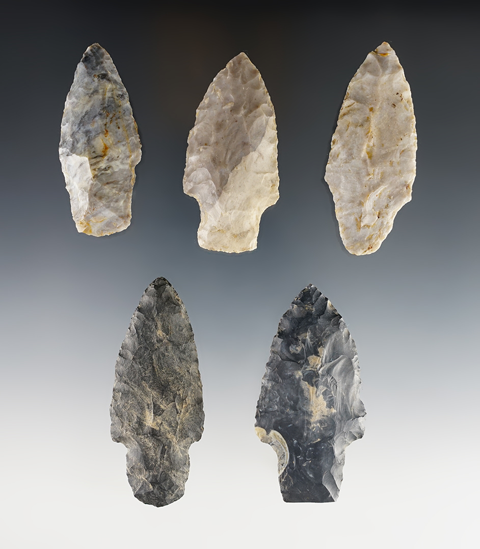 Set of 5 nicely made Ohio Adena points. The largest is 2 3/4".