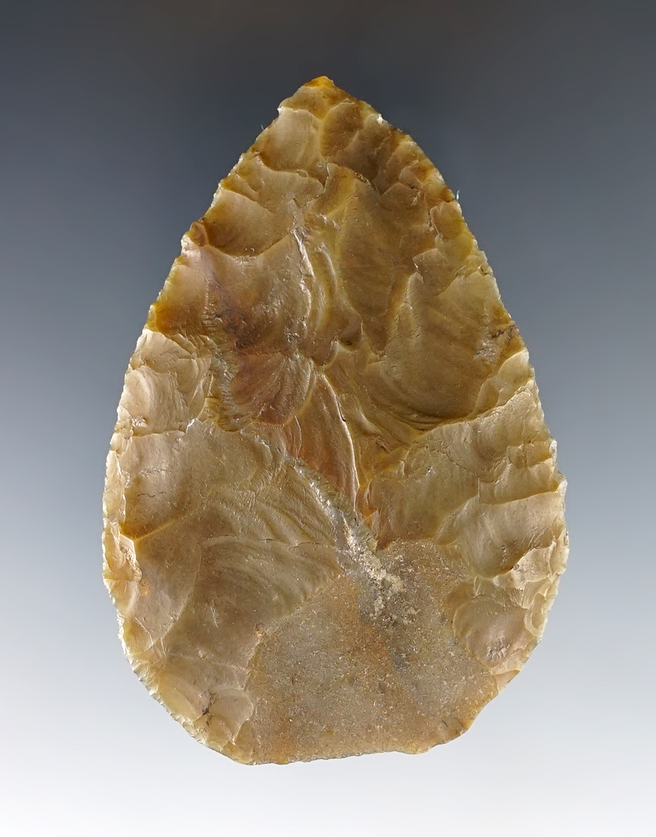 2 3/4" Adena Cache Blade made from heavily patinated Flint Ridge Flint. Marion Co., Ohio. 