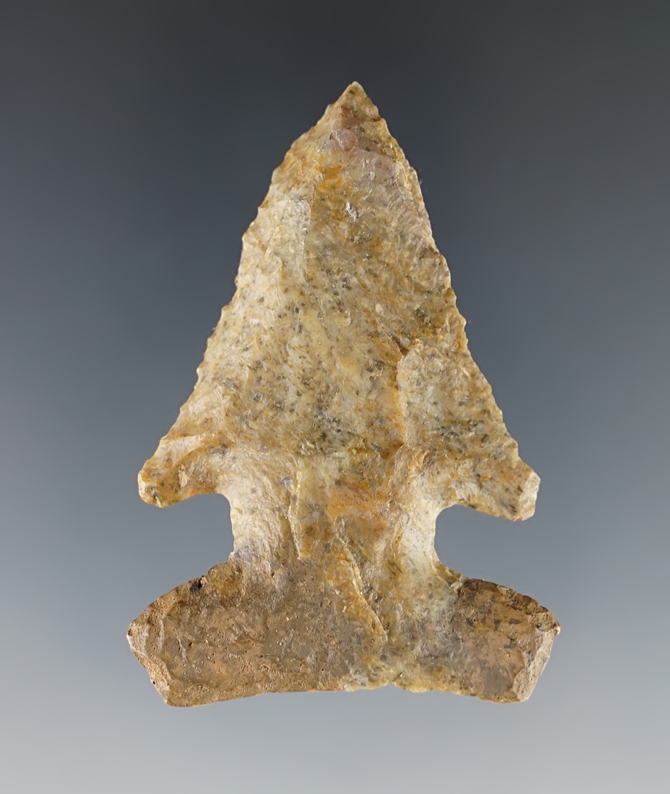 2 3/16" Archaic Thebes Bevel made from a nicely colored speckled flint. Fayette Co., Ohio.