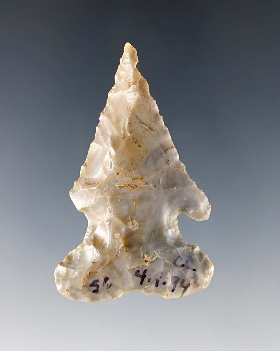 2 1/16" steeply beveled Thebes that has been heavily resharpened in ancient times. Ohio.