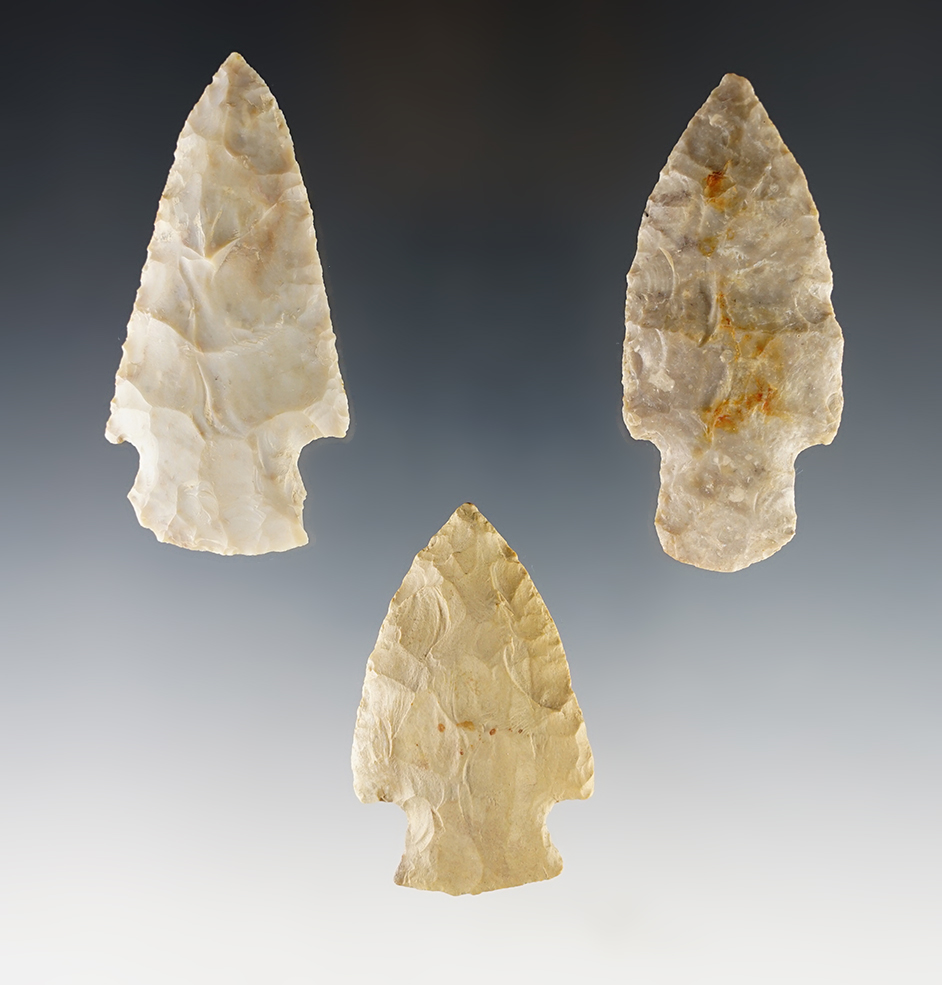 Set of 3 nicely made Ohio & Indiana Hopewell points. The largest is 2 11/16".