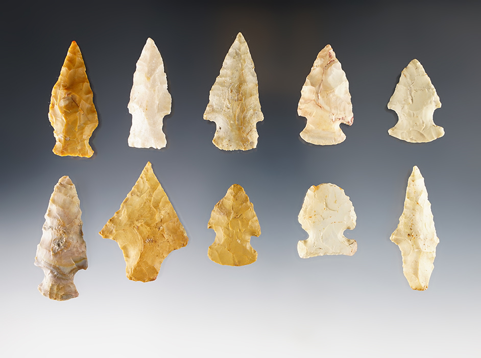 Set of 10 nicely made points. Ex. Larry Shaver collection. The largest is 1 13/16".