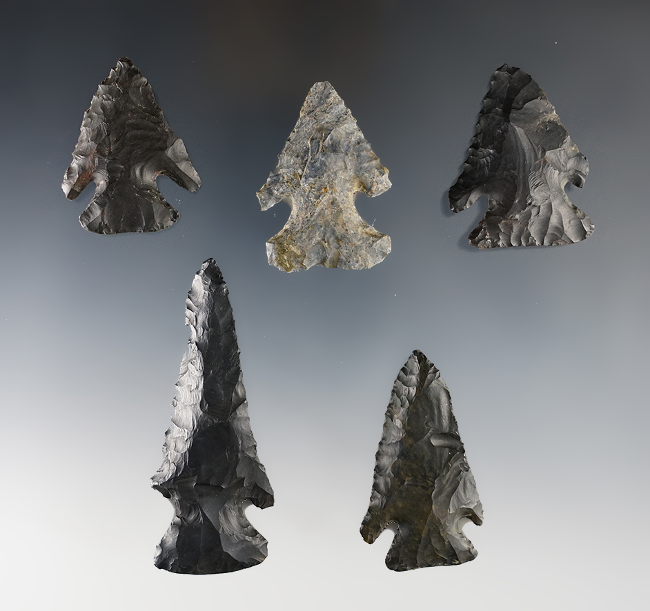Set of 5 Thebes points found in various Ohio counties. All are in good condition. 