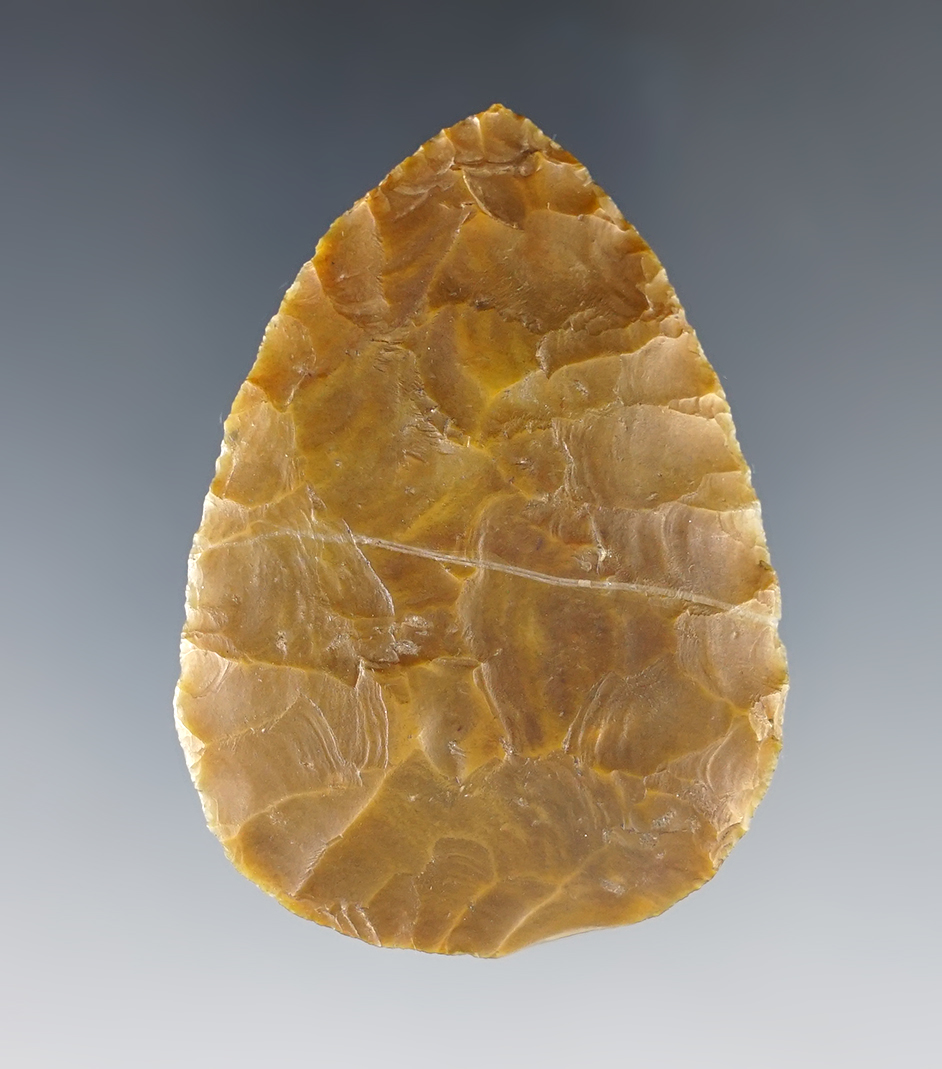 2 1/4" Adena Cache Blade made from heavily patinated Flint Ridge Flint. Marion Co., Ohio. 