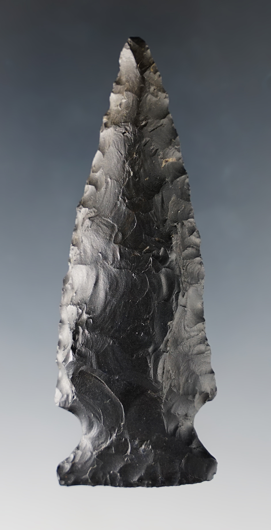 3 1/16" Classic styled Archaic Fishspear made from black Coshocton Flint.  Morrow Co., Ohio.