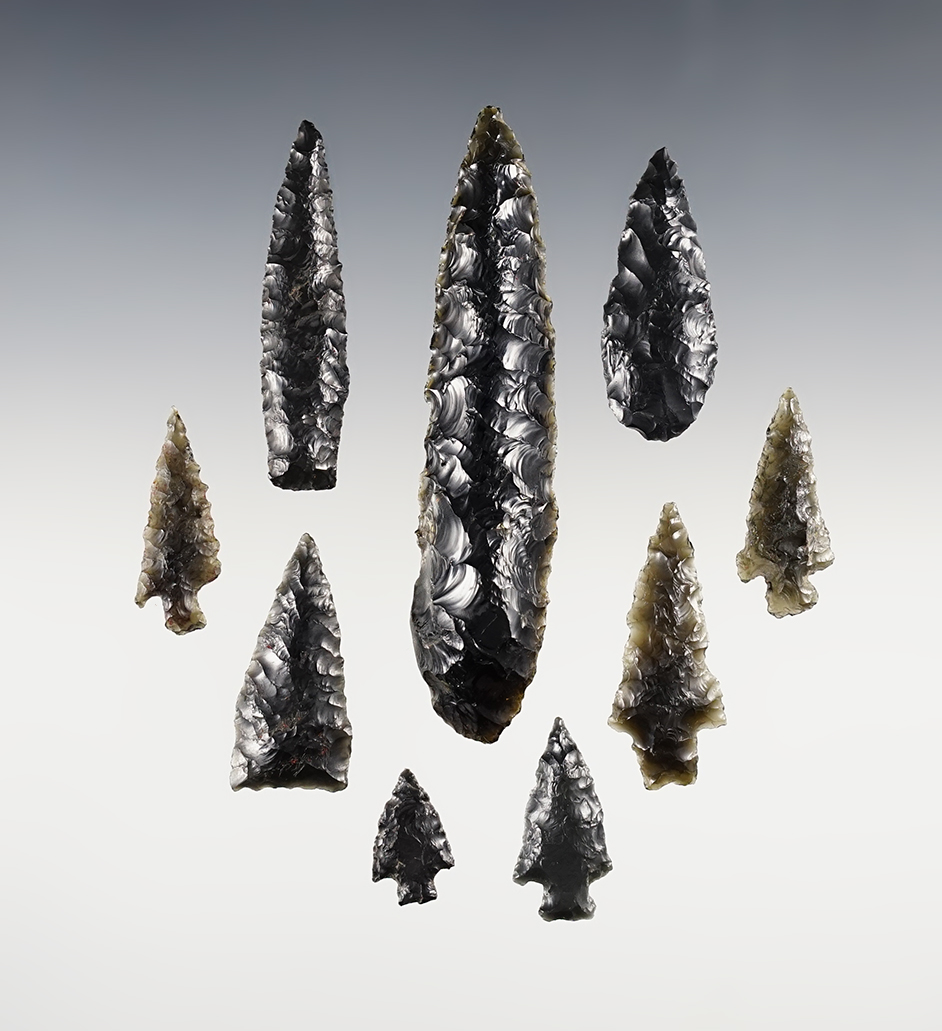 Set of 9 patinated Obsidian points found in the Western U.S. The largest is 4".