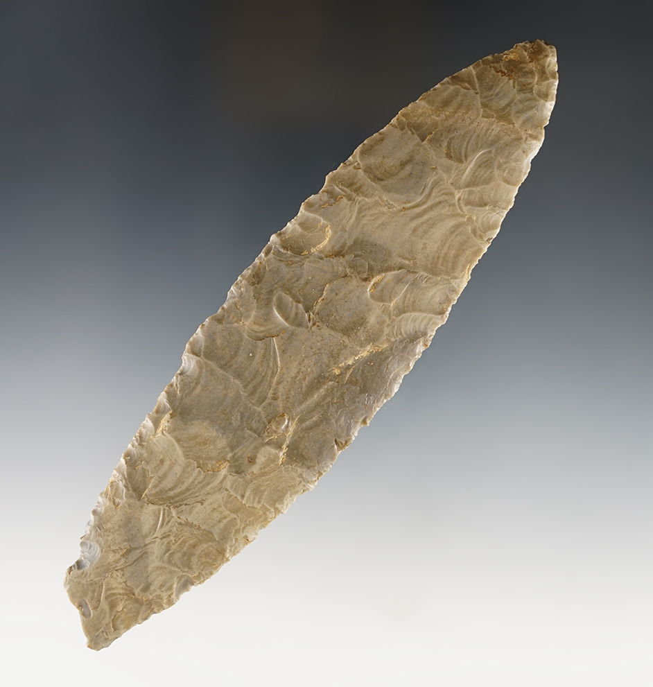 Very thin 6 1/8" Blade, possibly a Tupelo type with basal damage. Well patinated Ft. Payne Chert. 