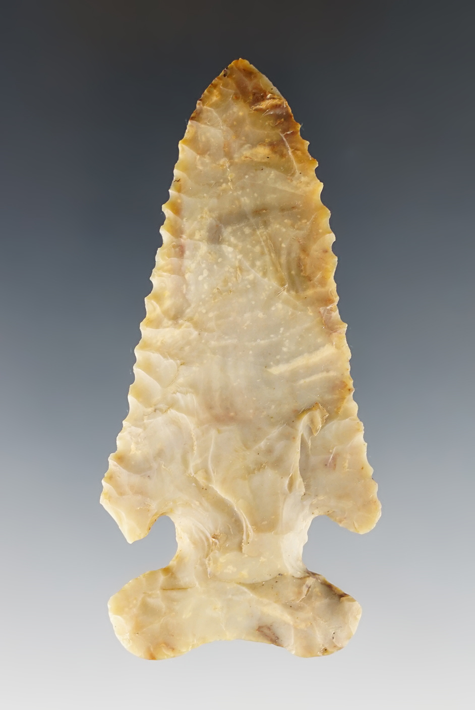 3 1/4" Archaic E-Notch serrated Thebes - Flint Ridge Flint. Found in Wayne Co., Ohio.