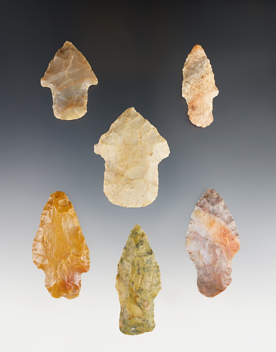 Set of 6 assorted colorful Ohio points. The largest is 1 15/16".