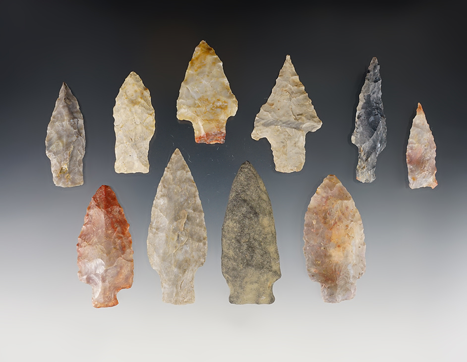 Set of 10 assorted Stemmed points from various locations. The largest is 2 9/16".