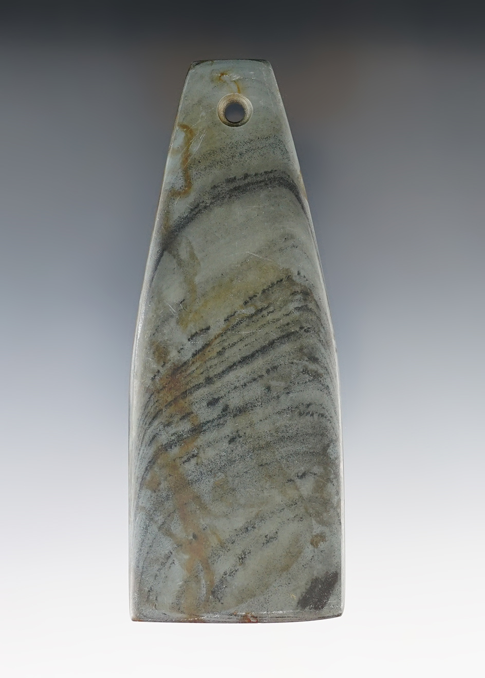 4 1/4" Hopewell Trapezoidal Pendant. The surface has been cleaned. Hardin Co., Ohio. Ex. Dr. Meuser.