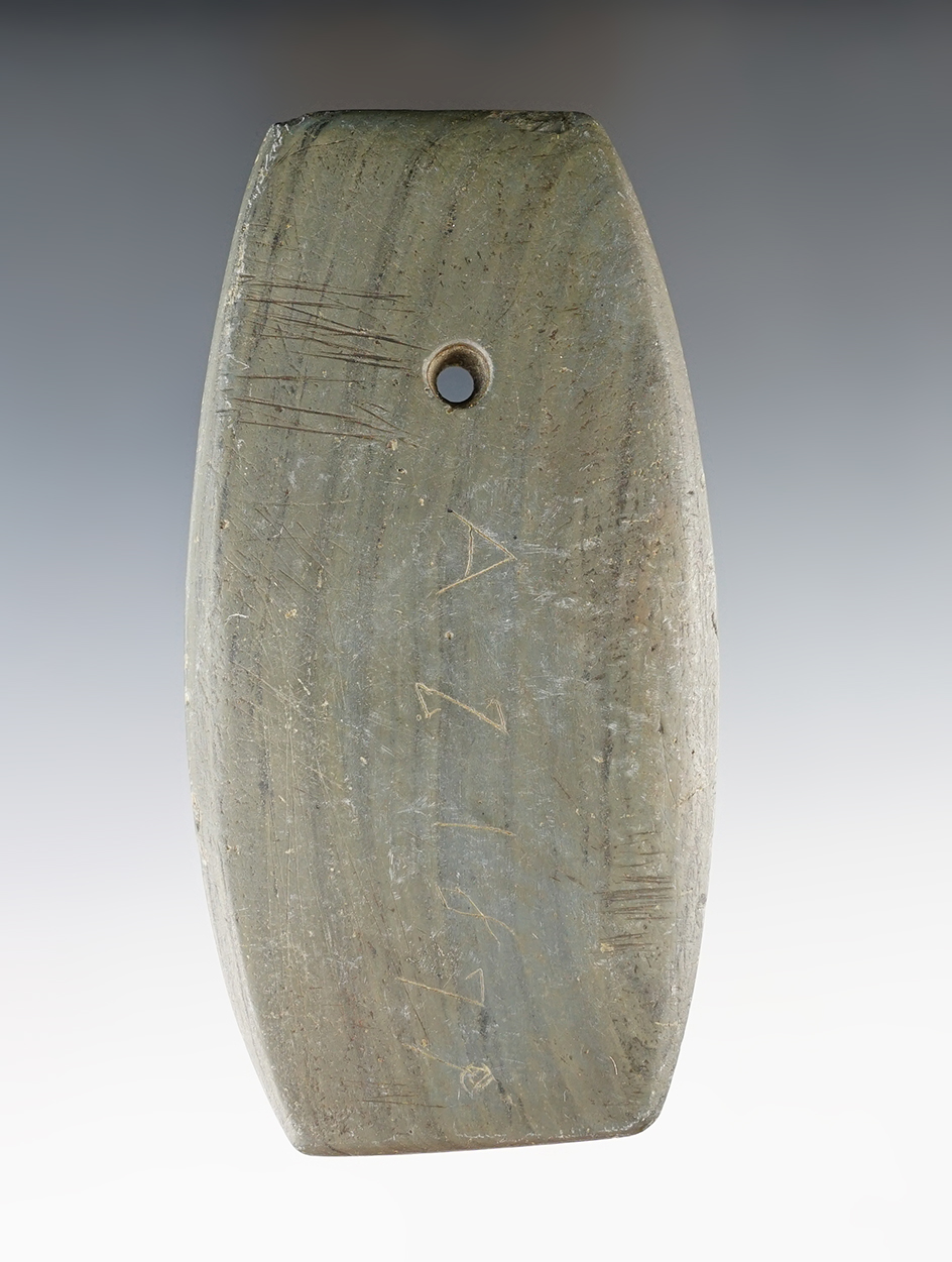 4 5/8" Adena Pendant witih some ancient engraving and tallies. Found in 1877 in Preble Co., Ohio.