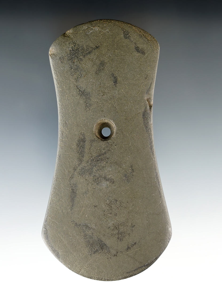 4 5/8" Adena Bi-Concave Pendant made from green and black Mottled Slate. Found in Huron Co., Ohio.