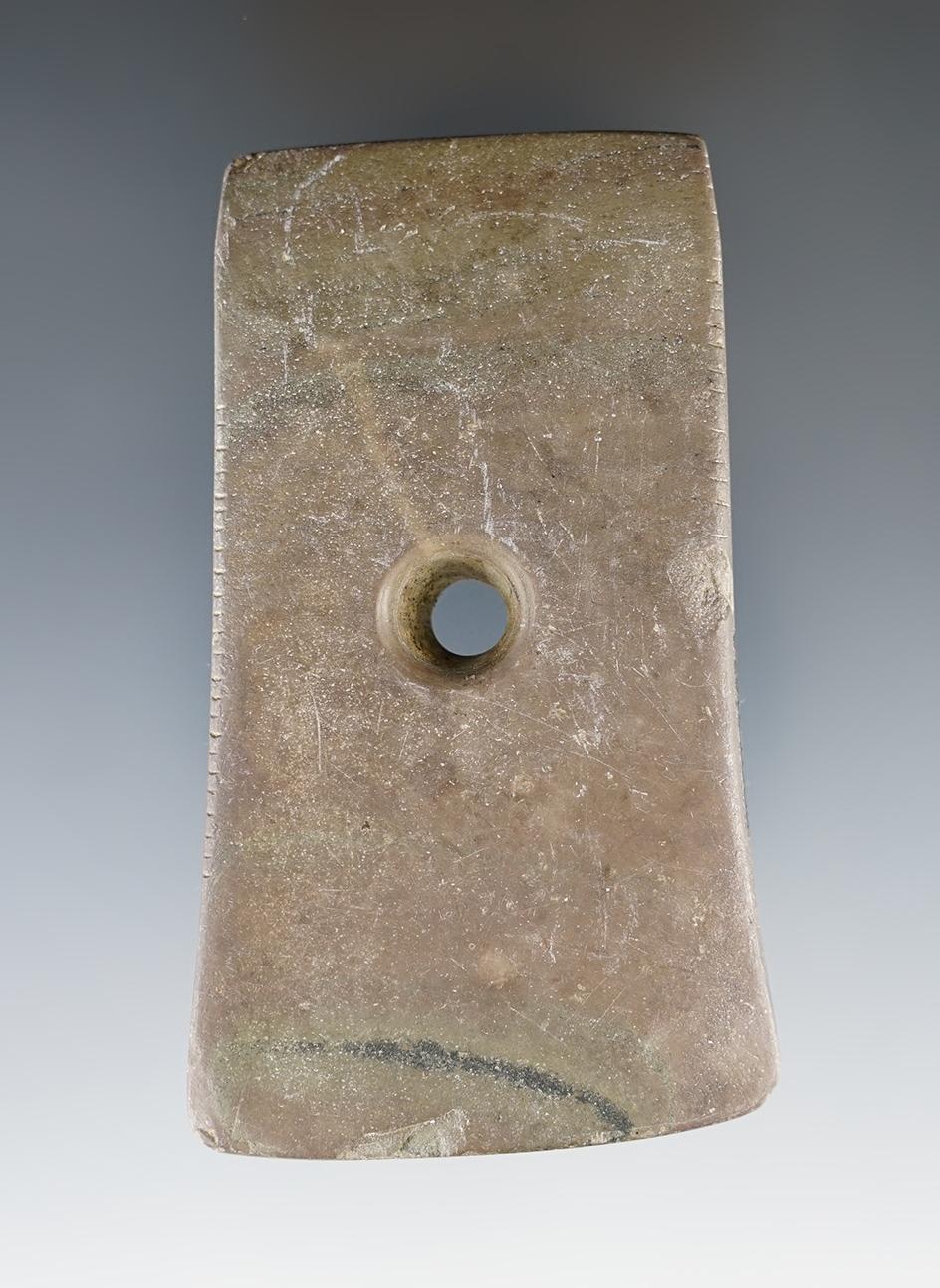 3 5/16" Adena Bell Pendant that is tallied, made from red and black Banded Slate. Found in Ohio.