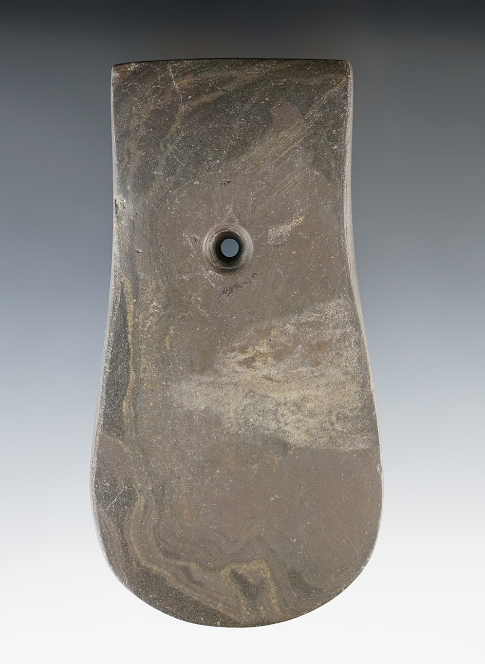 4 11/16" Adena Keyhole Pendant made from red and brown Mottled Slate.  Montgomery, Ohio.
