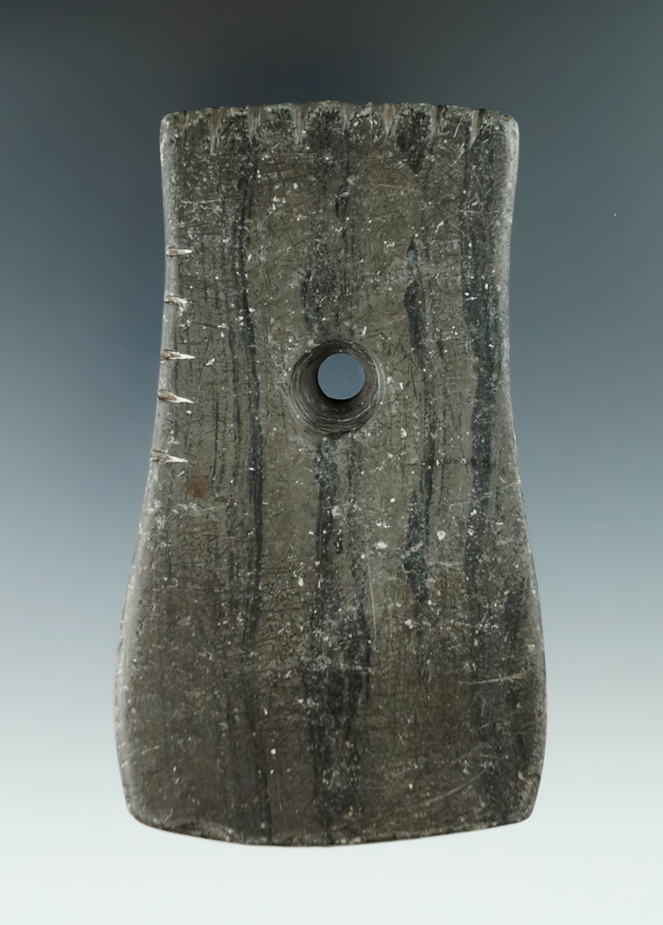 4 1/8" Adena Bell Pendant with tallies to top and bottom, found in Jefferson Co., Indiana.