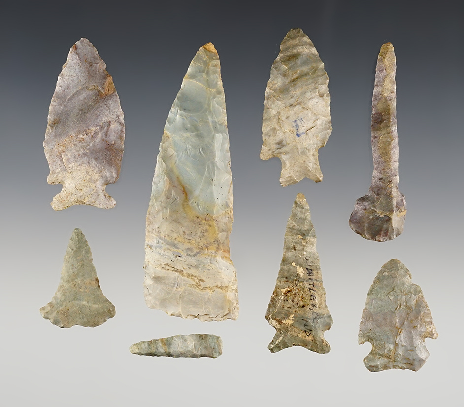 Set of 8 nice points made from Indiana Green (Attica chert). Found in Indiana. 