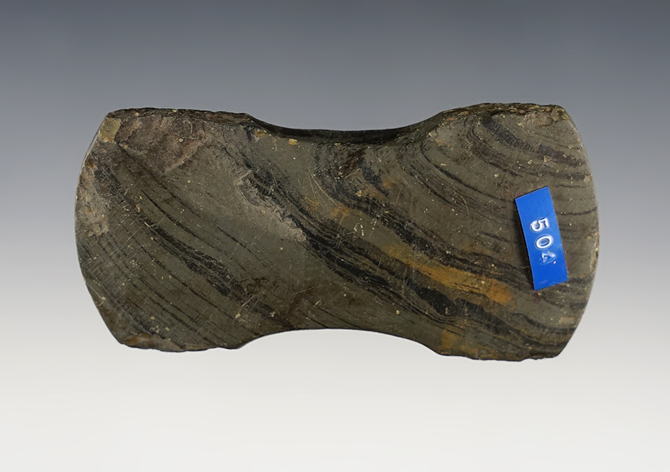3 5/8" undrilled Indented Gorget made from Banded Slate. Found in the Ohio/Indiana area. 