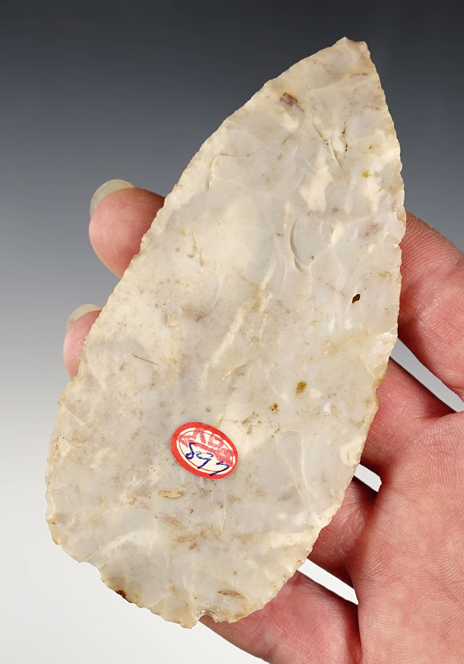 4 5/16" Cache Blade made from patinated Flint Ridge Flint. Found in Delaware Co., Ohio. 