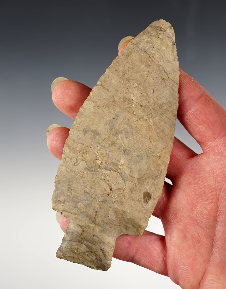 4 13/16" Archaic Stemmed Knife  with a ground base and nice flaking. Found in Ohio. 