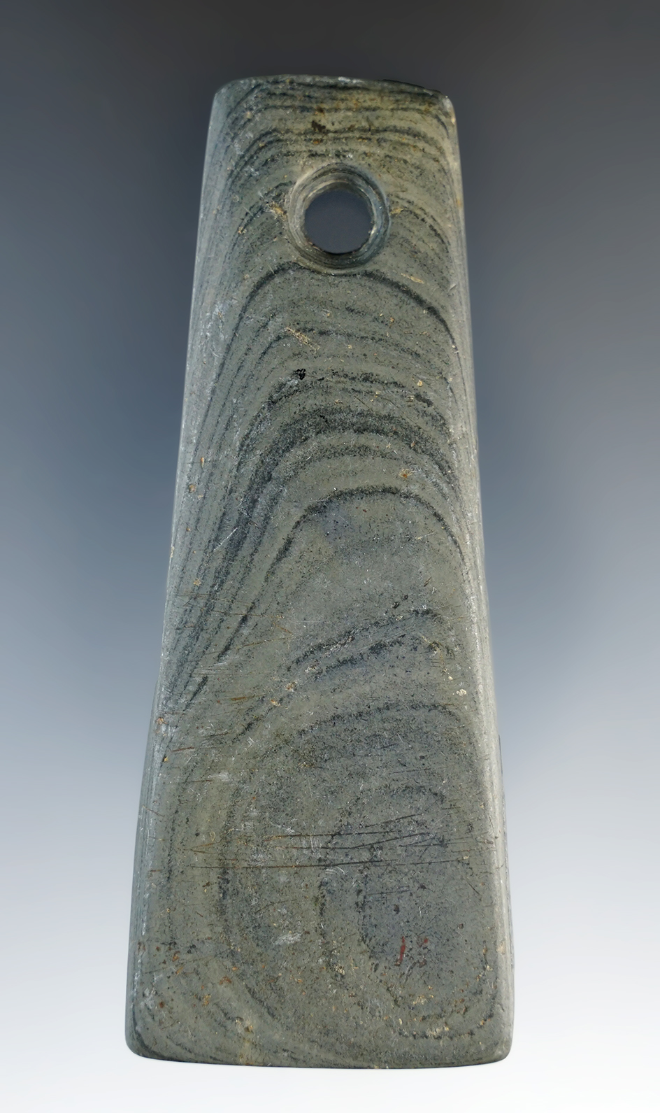 3 5/8" Hopewell Trapezoidal Pendant found in Erie Co., Ohio. Ex. Dr. Stanley Copeland, Ensil Chadwick