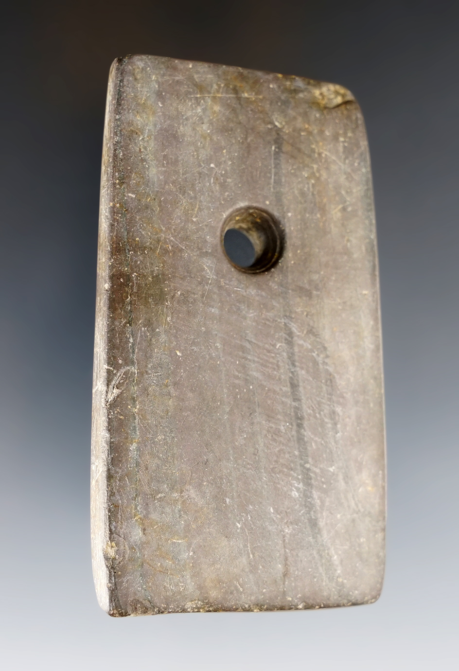3 3/8" Adena Trapezoidal Pendant made from Banded Slate. Found in Medina Co., Ohio. Ex.  Wm. Platt.
