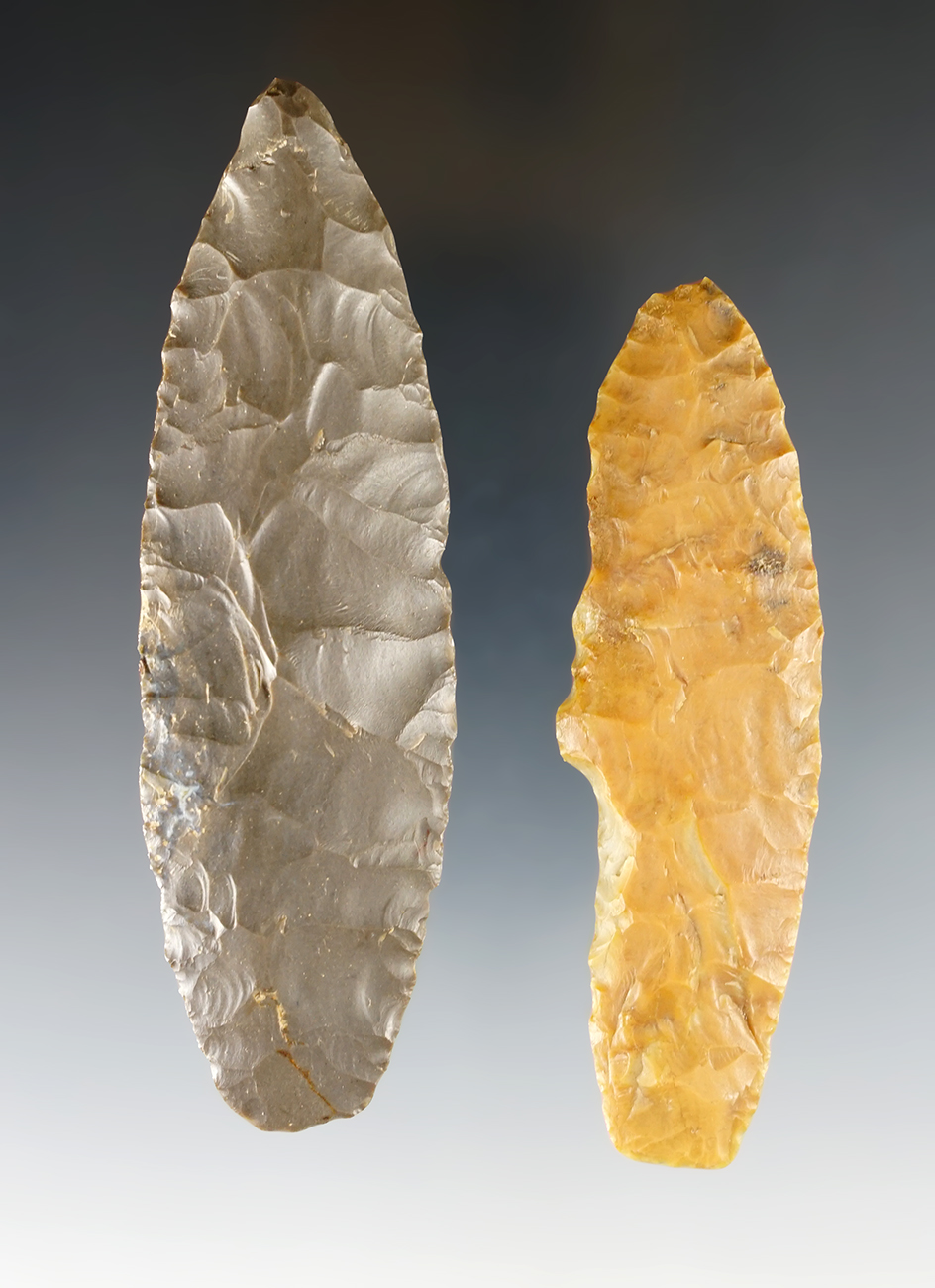 Pair of Paleo Lanceolates found in Ohio. One is Hornstone the other is Flint Ridge. Largest is 4 1/4". 