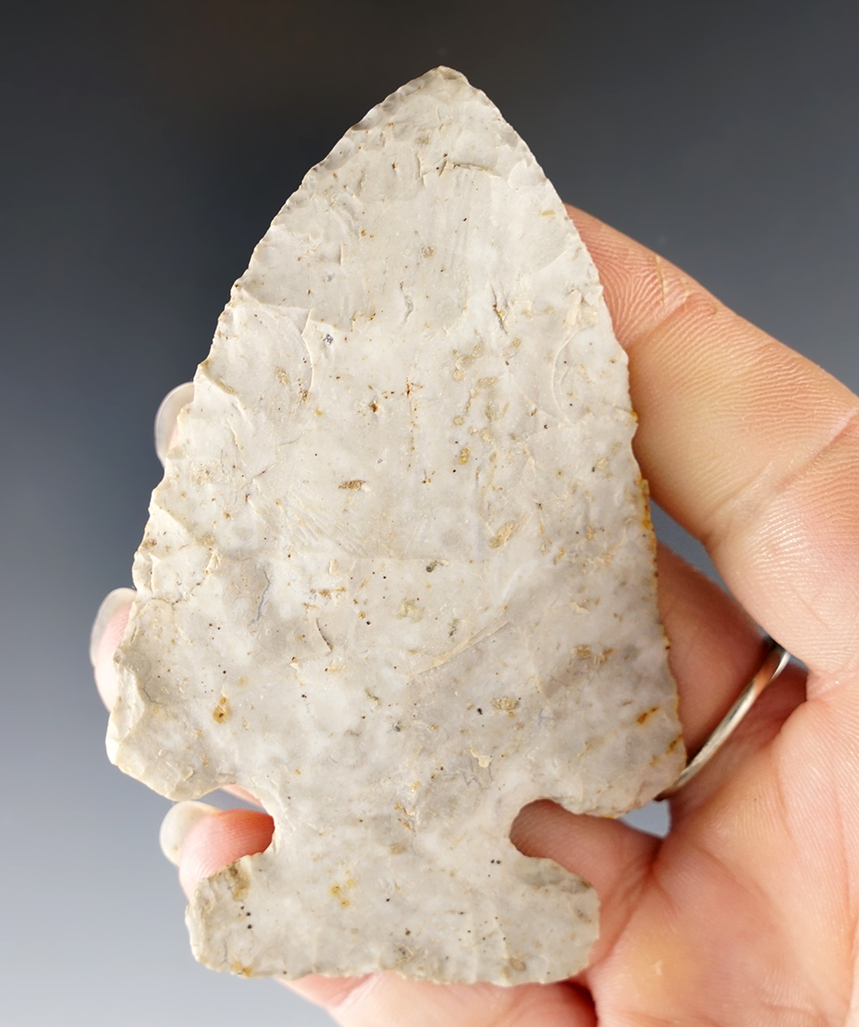 3 5/16" Archaic Thebes made from Flint Ridge Flint. Found in Huron Co., Ohio. Ex. Walter Sims.