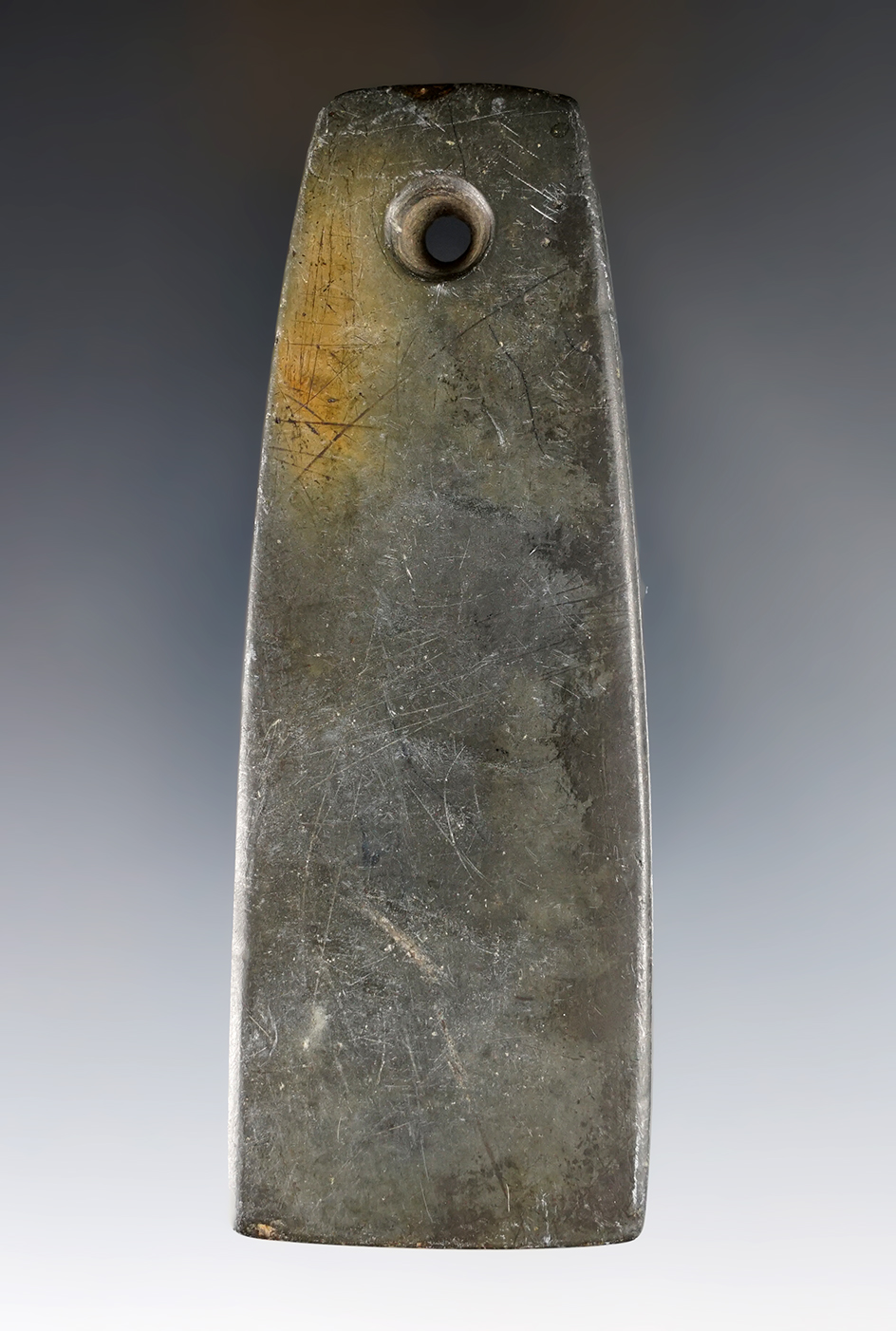 4 1/8" Woodland Trapezoidal Pendant made from Slate. Found in Morrow Co., Ohio. Ex. Fred Shuman