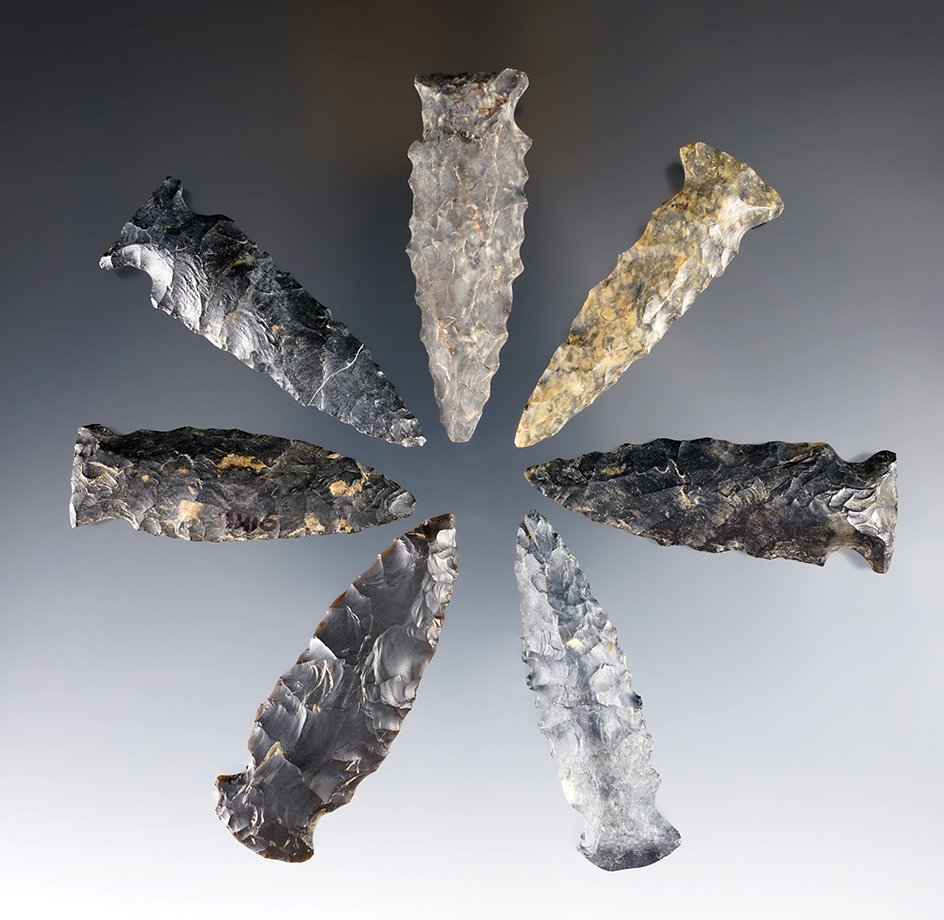Group of 7 Coshocton Flint Fishspear Points found in Ohio. Largest is 2 1/4".