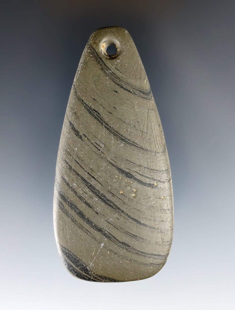 3 1/16" Hopewell Trapezoidal Pendant made from Banded Slate. Delaware Co., Ohio. Ex. F.P. Hill. COA 