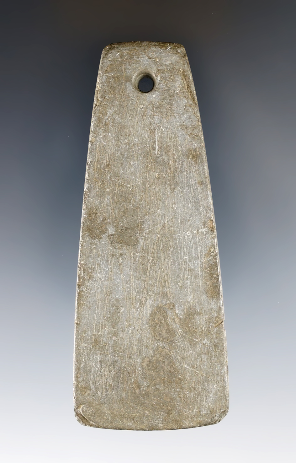 3 11/16" Hopewell Trapezoidal Pendant made from Slate. Found in Lorain Co., Ohio. Ex. John H. Au.