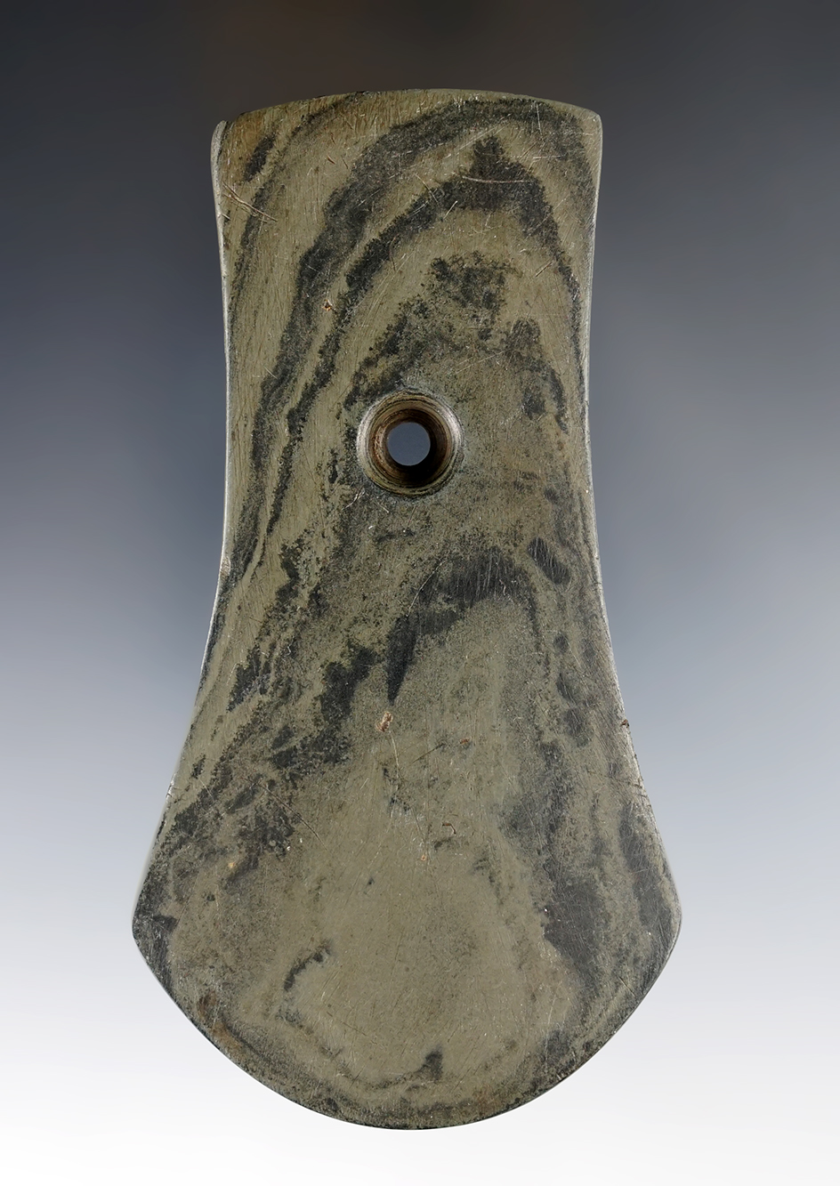 4 7/16" Adena Keyhole Pendant made from gray and black Mottled Slate. Found in Ross Co., Ohio.