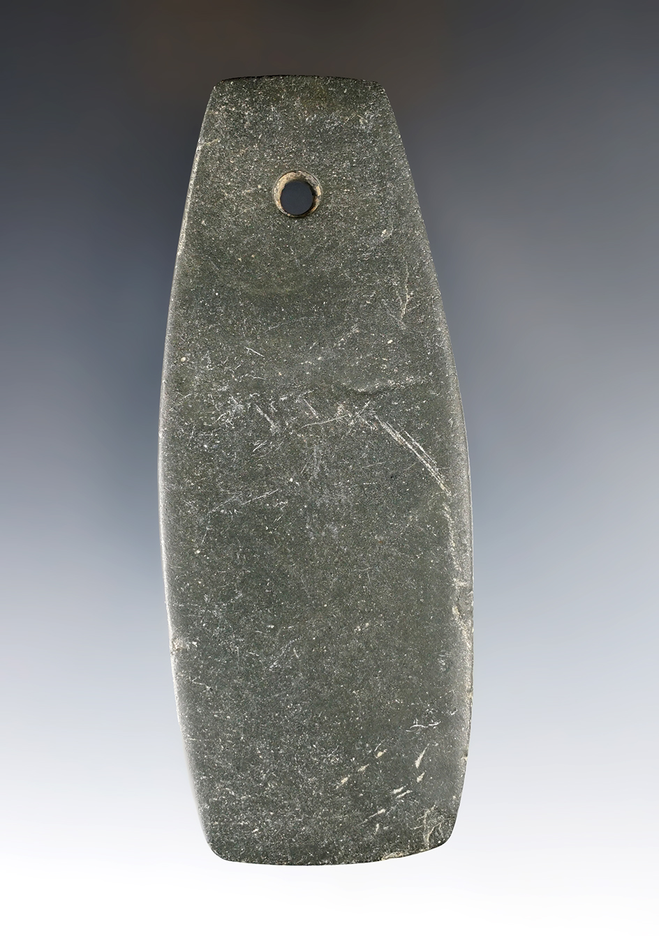 4 1/8" Hopewell Trapezoidal Pendant made from Mottled Slate. Franklin Co., Ohio. Ex. H. Holmes Ellis.
