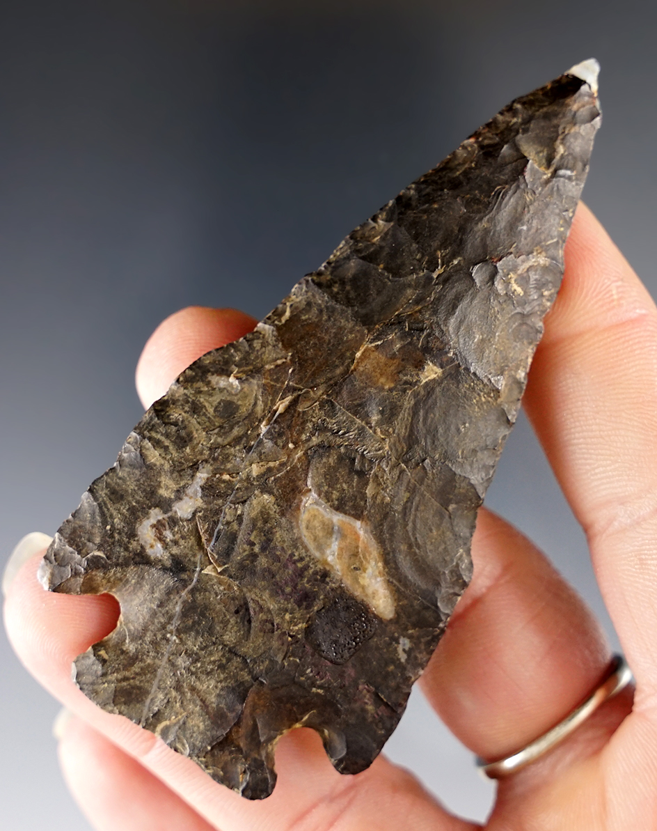 3 1/4" Classic Style Ohio Pentagonal with broken and glued tip - beautifully mottled Coshocton Flint. 
